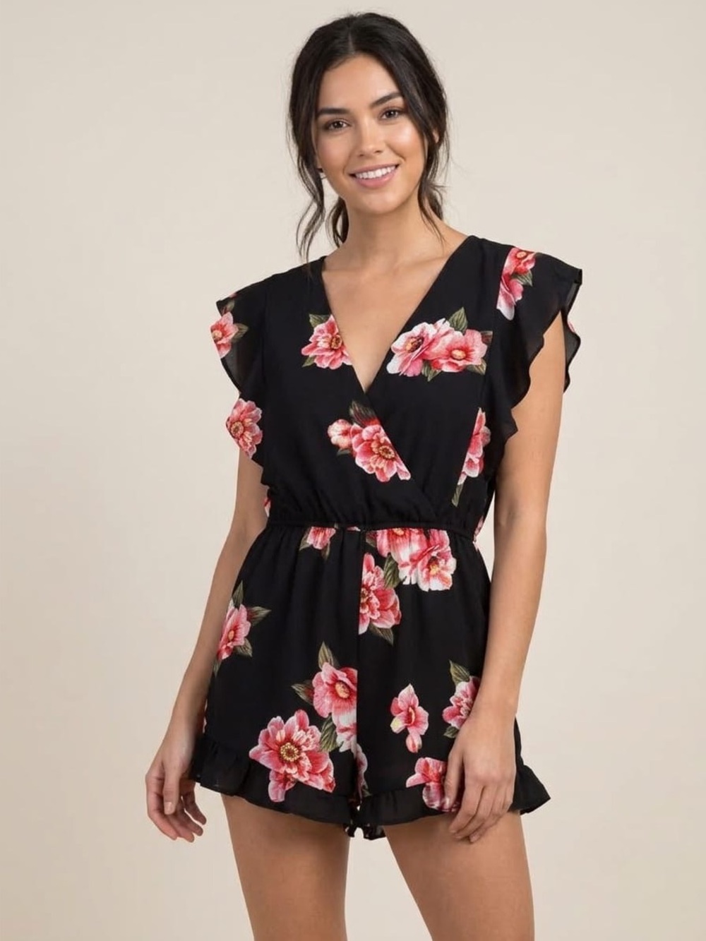 Umgee Black Floral V-Neck Romper Ruffle Sleeve Shorts Jumpsuit Medium